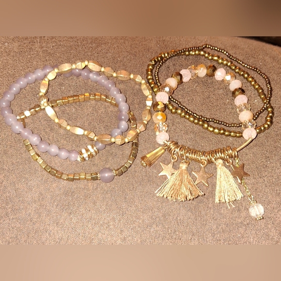 Lot of beaded bracelets stretchy goldtone lilac brushed polished metal acrylic - Picture 4 of 9